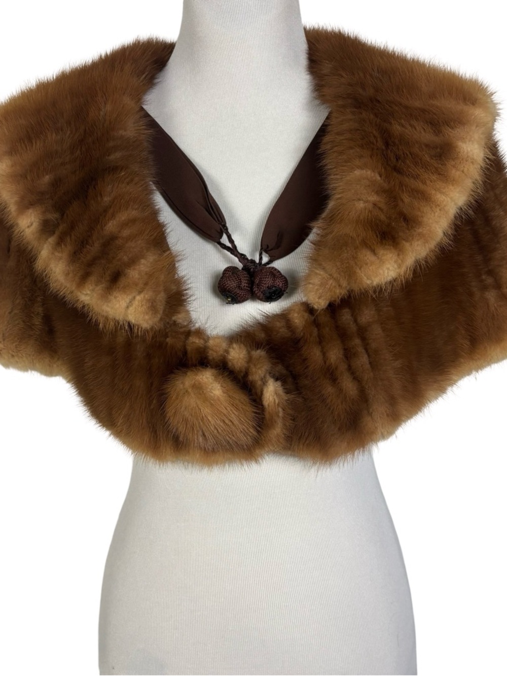 Vintage Mink Fur Stole Cape Wrap Brown Pom Pom Closure Fur Label Authority